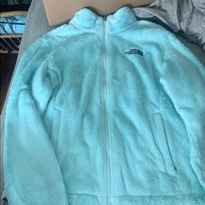 blue fluffy north face jacket